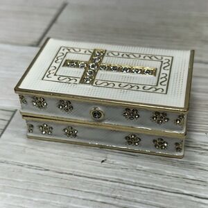 Mini White Enameled Rhinestone Encrusted Holy Bible Magnetic Hinge Trinket Box